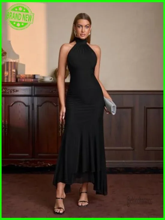 Halter Tie Backless Bodycon Maxi Dress Ruched Cocktail Formal Wedding Guest - Picture 2 of 5